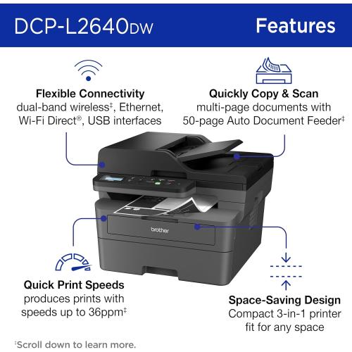 Brother DCP-L2640DW Wireless Compact Monochrome Multi-Function Laser Printer with Copy and Scan, Duplex, Mobile, Black & White | Includes Refresh Subscription Trial(1), Works with Alexa