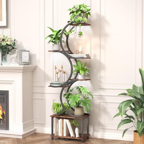 Rustic Brown and Black Plant Stand Indoor with Grow Lights, 65 inch Tall Plant Shelf for Multiple Plants, 7 Tiered Metal Plant Stands Indoor, for Living Room, Corners Patio Balcony or Office (Rustic Brown)