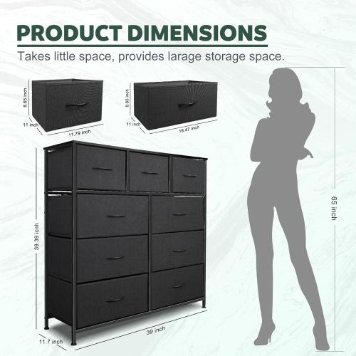 Color white Dresser for Bedroom with 9 Drawers, Chest of Drawers, Storage Drawers Organizer Unit, Black Wide Fabric Dresser with Fabric Bins for Closet, Living Room, Entryway