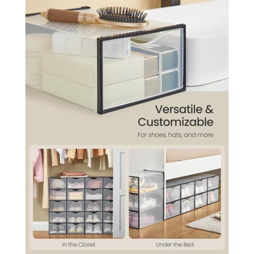 SONGMICS Shoe Boxes, Shoe Storage Organizers Rack for Closet, Plastic Stackable Sneaker Containers Case, 18 Pack, Transparent and Ink Black ULSP318B01