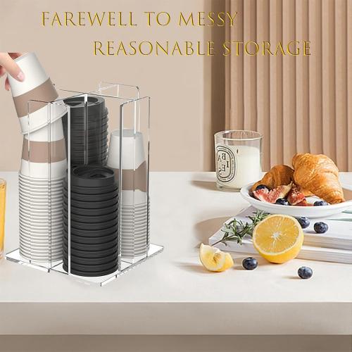 Tirifer Cup and Lid Holder, Coffee Cup Dispenser, Acrylic Cup Storage Organizer, Disposable Paper Cup Storage Holder with 4 Compartments for Countertop Coffee Station Bar Restaurant, Clear