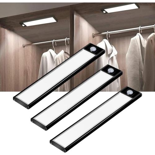 3 Pack Black Under Cabinet Lighting Motion Sensor, 31 LED Magnet Closet Lights, Battery Operated Rechargeable Lights, Wireless Magnetic Under Counter Light for Kitchen- HW20