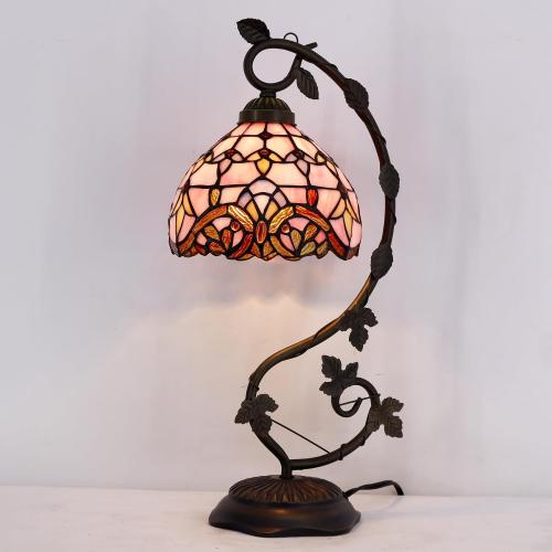 WERFACTORY Tiffany Table Lamp Pink Stained Glass Baroque Style Reading Desk Light, Metal Leaf Base 8X10X21 Inches Decor Small Space Bedside Bedroom Home Office S003P Series