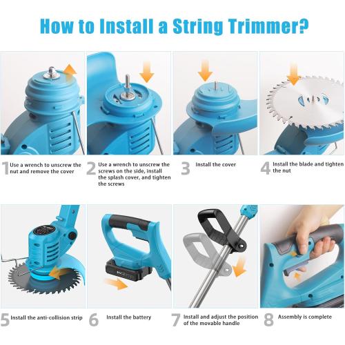 Weed Wacker, Cordless String Trimmer 21V with 2 Batteries 2.0Ah, 2 Types Metal Blades Powered Grass Trimmer, Pruning Shears, Adjustable Pole Weed Trimmer for Garden and Yard Lawn, Blue