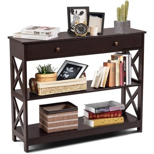 3-Tier Entryway Table with Storage, Narrow Console Table w/Drawers & Shelves, X-Design Sofa Side Tables for Hallway, Modern Entry Tables for Foyer Living Room Bedroom (Espresso)