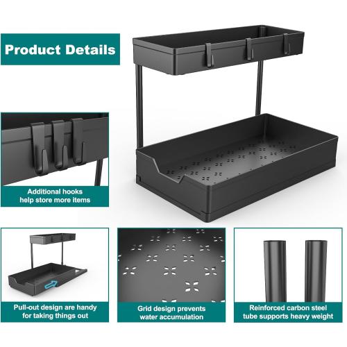 NATURE'S SOURCE 2 Pack Under Sink Organizer 2 Tier Sliding Cabinet Organizers Multi-Purpose Sink Storage Basket L-Shape Narrow Space Storage Shelves with 4 Hook for Kitchen Bathroom Drawer, Black