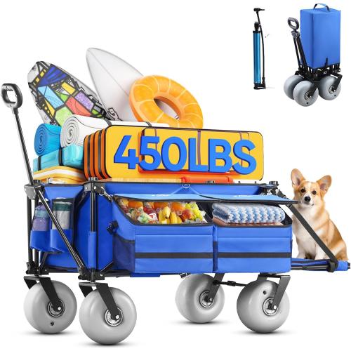 Blue Beach Wagon with Big Wheels for Sand, Extra Large Beach Cart with All-Terrain Balloon Wheels, Heavy Duty Folding Wagon, Adjustable Handle, for Outdoors & Fishing
