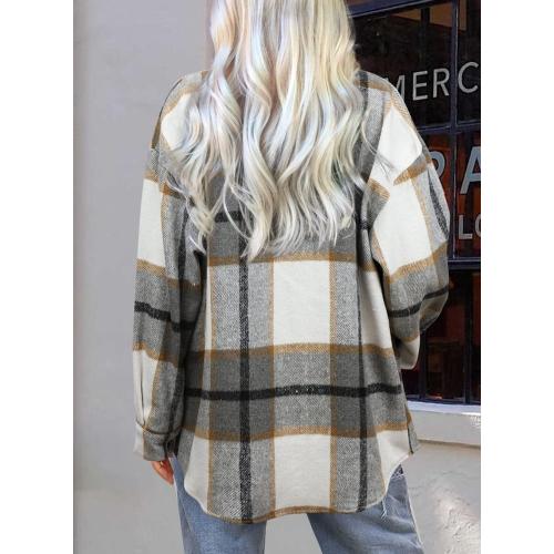Double take Large Beaully Women's Flannel Plaid Shacket Long Sleeve Button Down Shirts Jacket Coats with Side Pockets