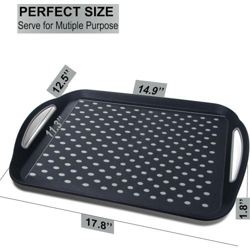 Large Nonslip Serving Tray with Handles, Silicone Grippy Dots Lap Food Trays for Eating, Dishwasher Safe Serve for Breakfast Dinner Snack Fruit Appetizers Beverage, Rectangular, Set of 2, Black