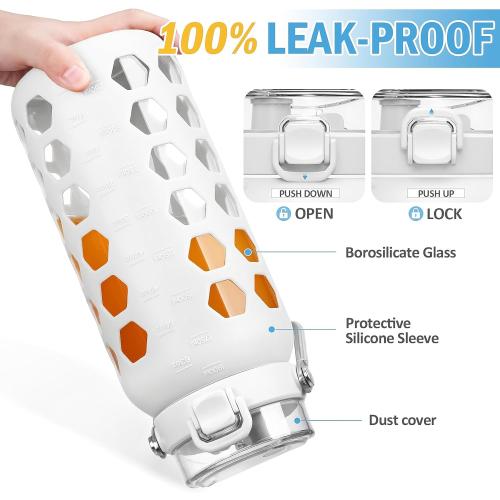 MUKOKO 64oz Glass Water Bottles with Straw and Lid,Half Gallon Water Bottle with Time Marker,Large Glass Water Jug with Silicone Sleeve and Stainless Steel Handle-White