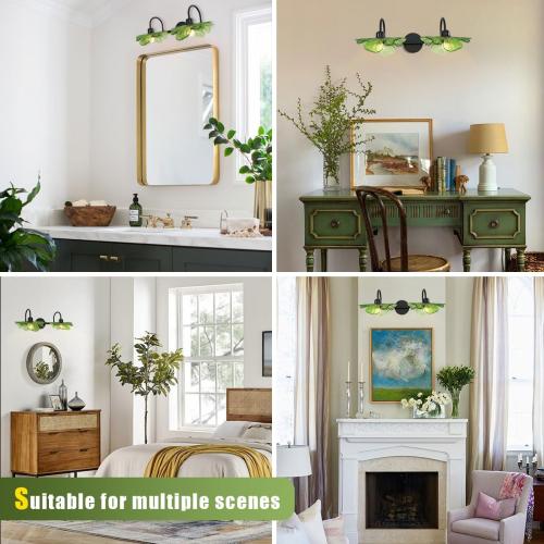 2-Light Vanity Light, Black Wall Sconce with Green Glass Shade, Vintage Bathroom Light Fixture for Over Mirror, Bedroom, Hallway, Living Room