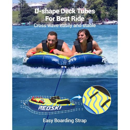 Towable Tubes for Boating 2 Person, Heavy Duty Boat Tubes and Towables, Inflatable Water Tubes for Boats to Pull with Fins, Drainage, Quick Connector, Large Capacity