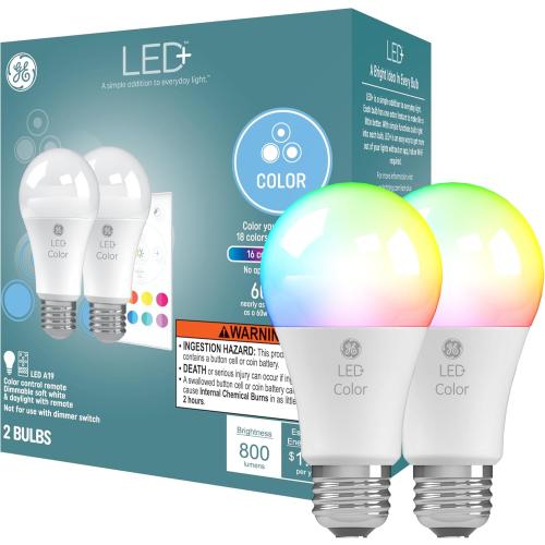 GE LED  Color Changing LED Light Bulbs with Remote, No App or Wi-Fi Required, A19 Bulbs, CA Compliant (2 Pack)
