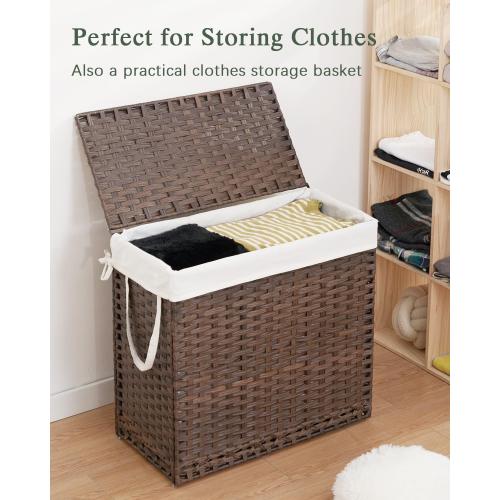 SETVSON Laundry Hamper with Lid Laundry Basket 132 L (35 Gal) Wicker Clothes Hamper, Handwoven Rattan Hamper with Handles and 4 Removable Liner Bags, 6 Mesh Bags for Laundry Bedroom Brown