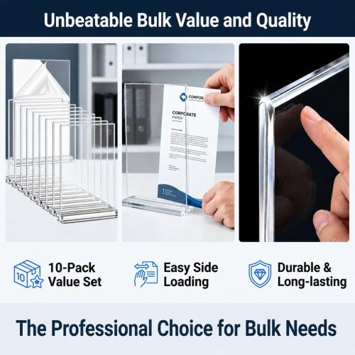 Amzlink® 10 Pack Acrylic Sign Holder 8.5 x 11, Double Sided Clear Tabletop Display Stand with T-Shaped Base, Plastic Table Sign Holder for Menus Flyers, Brochures, Table Numbers, Picture Frames, Restaurant, Office, Retail, Wedding & Party Decoration