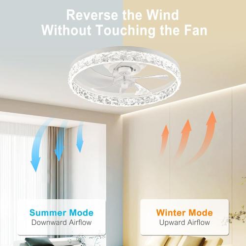 DAMINY 20inch White Ceiling Fans with Lights and Remote, 6CCT, Dimmable Smart Low Profile Ceiling Fan with Light, 6 Speeds Flush Mount Modern Bladeless Ceiling Fan for Bedroom