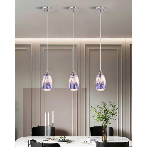 Dark Blue Glass Mini Pendant Lights for Kitchen Island 3Pack Blown Art Glass Pendant Lighting Shade Hanging Pendant Lights with Brushed Nickel Finish for Kitchen Over Sink,Dining Room
