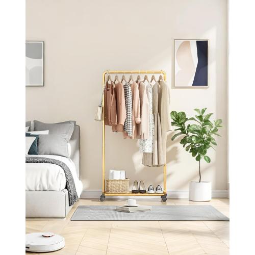 Clothes Rack - Clothing Rack with Storage Mesh Shelf & Casters, Heavy-Duty Metal Clothing Rack for Hanging Clothes, Dresses, Coats, Large Load Capacity, Easy Assembly, Gold, 28.0x16.9x59.0