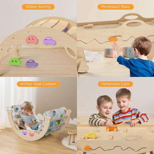 Pikler Triangle Set with Cushion 9 in 1 Foldable Montessori Climbing Toys for Toddlers 1-3 Indoor Wooden Kids Playground Baby Climbing with Maze Toys, Shape Sorter Toys, Car