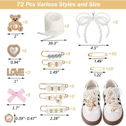 72 Pcs Sneaker Charms, Shoelace Charms For Sneakers, Pearl Rhinestone Brooches And Pins For Women, Shoe Jewelry Charms For Socks Laces Sneakers , Safety Pins Buttons For Sock Clothes Decor Accessories