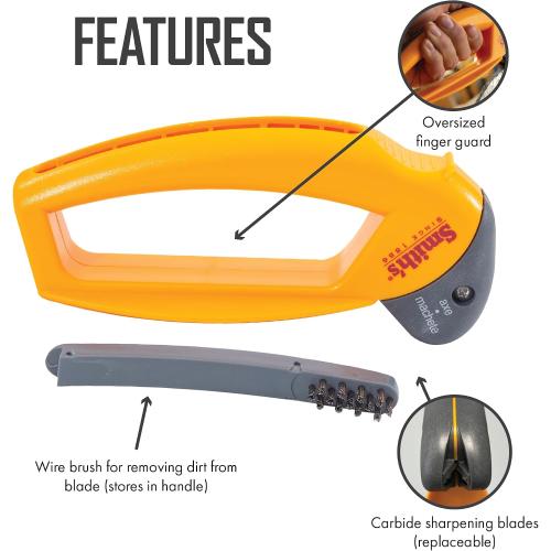Smith’s 50582 Axe & Machete Sharpener - Axe, Machete, Hatchet, & Mower Tools - Large Handle w/ Finger Guard - Handheld Manual - Replaceable Carbide Blades - Wire-Bristled Cleaning Brush - Durable