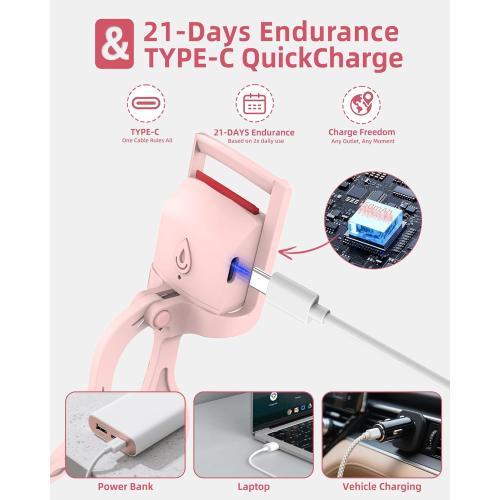 Heated Eyelash Curler, 5s Fast Heating Electric Eyelash Curler, Safe Anti-Burn Eyelash Curlers with Silicone Pad, Type-C Quick Charge, Intelligent Temp Control, 24H Long-Lasting Curls (Pink)
