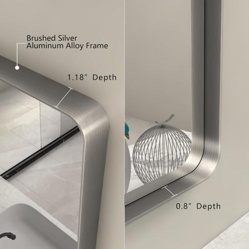 28x32 Silver Bathroom Mirror for Wall, Brushed Metal Framed Bathroom Vanity Mirror, Modern Rounded Corner Rectangle Mirror, Anti-Rust (Horizontal/Vertical)