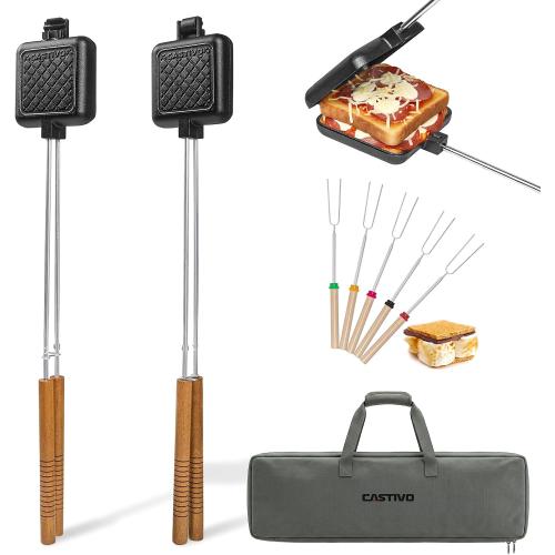 Mountain Pie Maker Cast Iron Set of 2 with Storage Bag – 5 Smores Sticks for Fire Pit, Camping and Outdoor Cooking