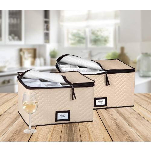 Wine Glass Storage Box with Dividers - Stemware Storage Case, Durable Quilted Microfiber Bin with Carry Handles, Protects Fine China - Durable Quilted Microfiber Bin with Carry Handles (2 Pack, Red & White Wine Glass)