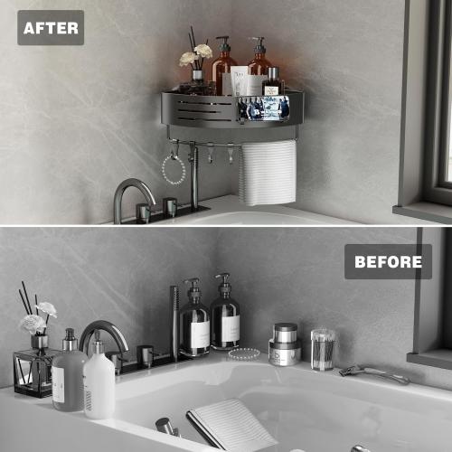 Voldra Corner Shower Caddy Suction Cup, 2 Pack Corner Shower Shelves No Drilling, Aluminum Upgrade Suction Cup Shower Organizer with Towel Bar & Hooks Removable Bathroom Storage Rack(Gray)