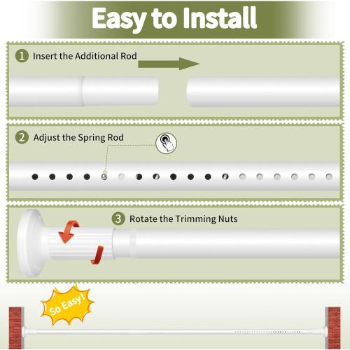 White Shower Curtain Rod 51-86 Inch, Adjustable Tension Rod No Drilling for Window or Bathroom Closet, Outdoor Curtain Rod for Patio, Easy to Install, Never Rust, Rod Diameter 1.26 Inches-White