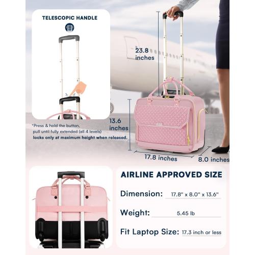 Rolling Laptop Bag Women, Rolling Briefcase for Women for Work, 17.3 Inch Computer Bag with Wheels, Fashion Flap Laptop Bag With Wheels for Work Business, for Teacher, TSA Friendly Design, Pink