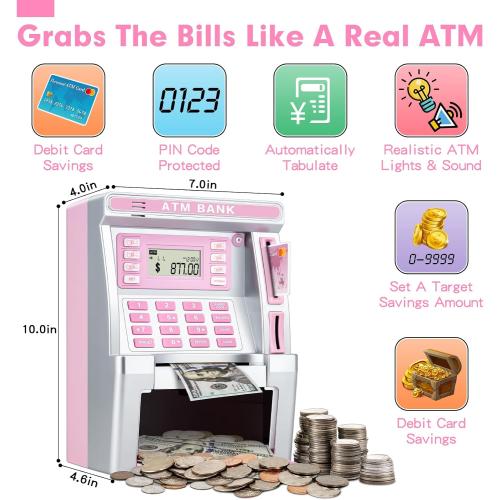 Pink Piggy Bank for Kids, ATM Machine Bank for Real Money with Debit Card, Bill Feeder, Coin Recognition, Balance Calculator, Electronic Savings Safe Box, Gifts for Teen Boy Girl