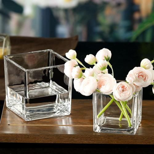 Square Glass Vases 5x5 Inch Clear Cube Flower Vase 4PCS for Wedding Centerpiece Candle Holder Home Decor Square Shape Flower Vase,Centerpieces