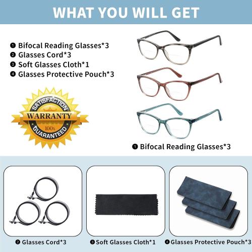 Bifocal Reading Glasses Women Cat Eye Blue Light Blocking Computer Reader Clear Top No Line Transition Ladies Eyewear