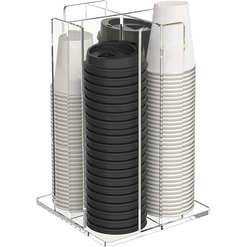 Tirifer Cup and Lid Holder, Coffee Cup Dispenser, Acrylic Cup Storage Organizer, Disposable Paper Cup Storage Holder with 4 Compartments for Countertop Coffee Station Bar Restaurant, Clear