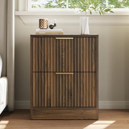 Set of 2 Walnut Nightstand with 2 Storage Drawers, Modern Fluted Night Stand Bedside Table, Bed Side End Table with Golden Handles for Bedroom, Walnut