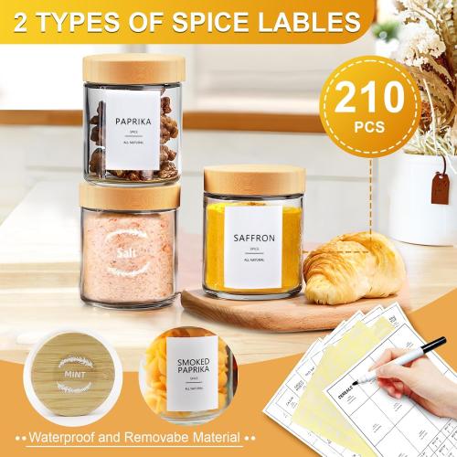 AISIPRIN Spice Jars with Label,12 Pcs 8oz Glass Jars with Bamboo Lids,Spice Organizer for Cabinet,Drawer, Rack, Seasoning Organizer Containers,Including 2 Type Labels