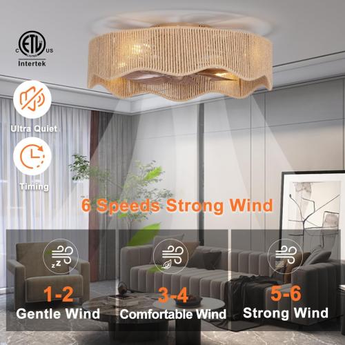 SHLUCE 22 Boho Flush Mount Caged Ceiling Fans with Lights, Rustic Rattan Low Profile Ceiling Fans with Lights and Remote, Bladeless Fandelier Ceiling Fan with Light for Kitchen, Bedroom - ETL