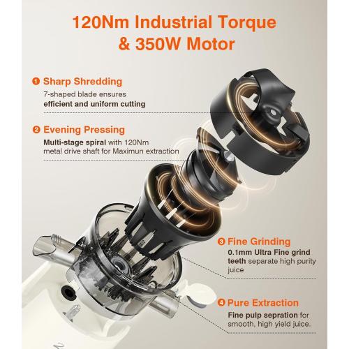 Cold Press Juicer, Zasmira Juicer Machines with Large Feeding Chute, Powerful Slow Juicer with Pulp Seperation, 99.6% Juice Purity, Easy to Clean, White