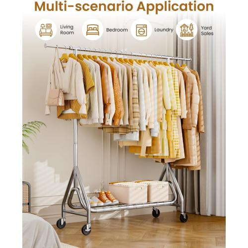 Heavy Duty Clothing Rack, Metal Clothes Rack Load 450 LBS, Rolling Coat Racks for Hanging Clothes with Lockable Wheels, Wardrobe Closet Garment Racks for Bedroom, Silver