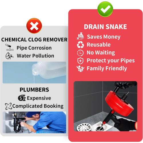 Drain Snake 50 Ft, Plumbing Snake for Sink with Drill Attachment, Snake Drain Clog Remover for Shower Drain, Kitchen, and Sink, Manual or Powered Use, Comes with Gloves and Storage Bag, 1/4 Inch, Red