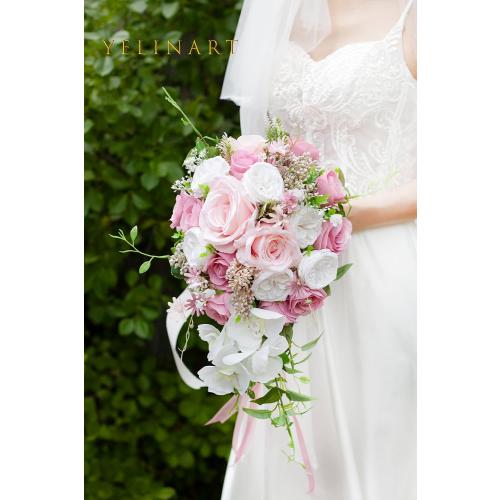 10 Inch Dusty Rose Wedding Bouquets for Bride Artificial Roses Flower Cascading Cascade Bridal Bouquet for Rustic Boho Fall Vintage Wedding Ceremony Party and Anniversary