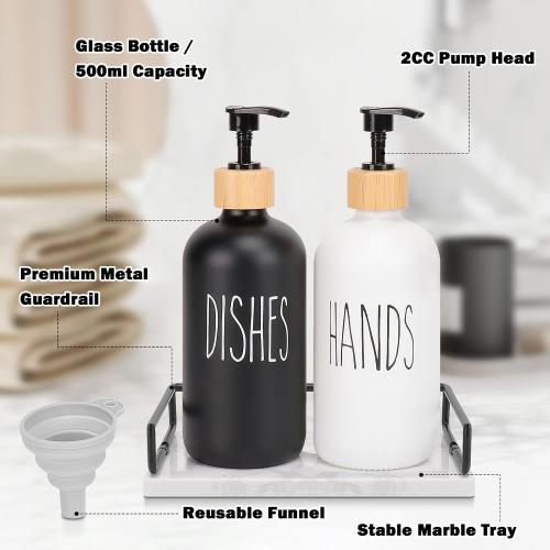 Color White and Black  Glass Soap Dispenser Set, Refillable Dish Soap Pump Dispenser, Kitchen Bathroom Counter Shampoo Conditioner Dispenser (with Marble Tray)