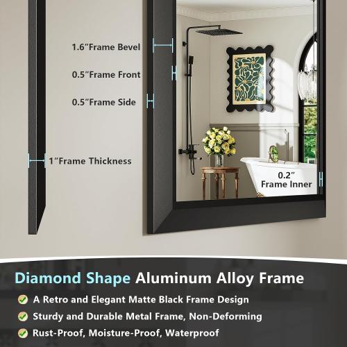 48x36 Inch Black Bathroom Mirror for Wall, Beveled Framed Rectangle Bathroom Vanity Mirrors for Over Sink, Bedroom, Living Room, Entryway, Anti-Rust, HD Tempered Glass, Horizontally/Vertically