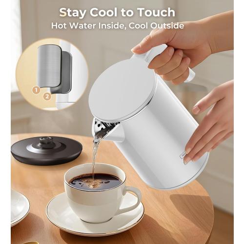 Electric Kettle Fast-Boil Stainless Steel Electric Tea Kettle, Water Boiler with Auto-Shut Off, Cool Touch PP Exterior for Home Office, White
