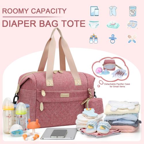 Diaper Tote, Baby Bags with Pacifier Case, Shoulder Straps, Stroller Clips, Waterproof Mommy Bag - Medium, Pink