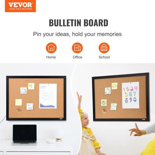 VEVOR Cork Board, Large Bulletin Board with Black MDF Frame, Wall Mounted Pin Board for Office, School and Home Decor, Hanging Message Board for Pictures and Notes, 10 Push Pins Included