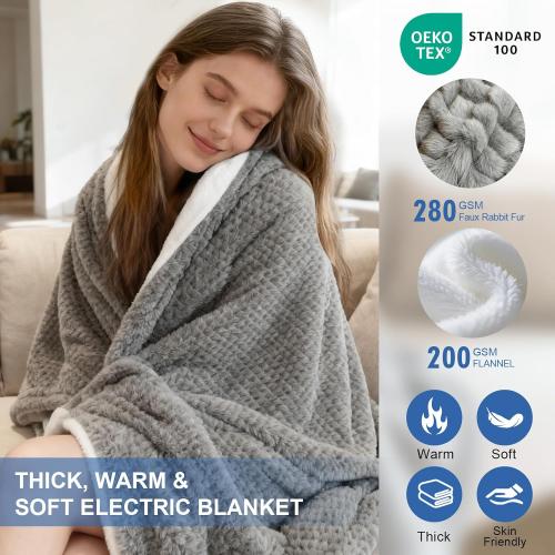 Heated Blanket Electric Blanket,Cozy Faux Rabbit Fur & Soft Flannel Warm Heater Throw Blanket with 5 Fast Heating Levels &10Hours Auto-Off Over-Heat Protection，50 x 60 (Grey)