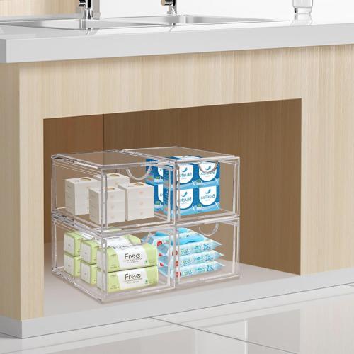 2 Pack Clear Stackable Storage Drawer, Bathroom Makeup Organizer, Plastic Storage Bins, Acrylic Organization and Storage for Vanity, Kitchen Cabinets, Pantry, Undersink